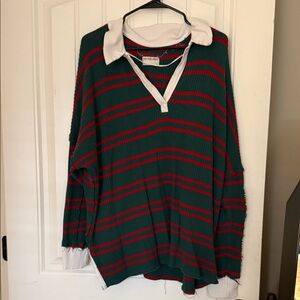 Wee the Free Red and Green Distressed Stripled Waffle Shirt Size L